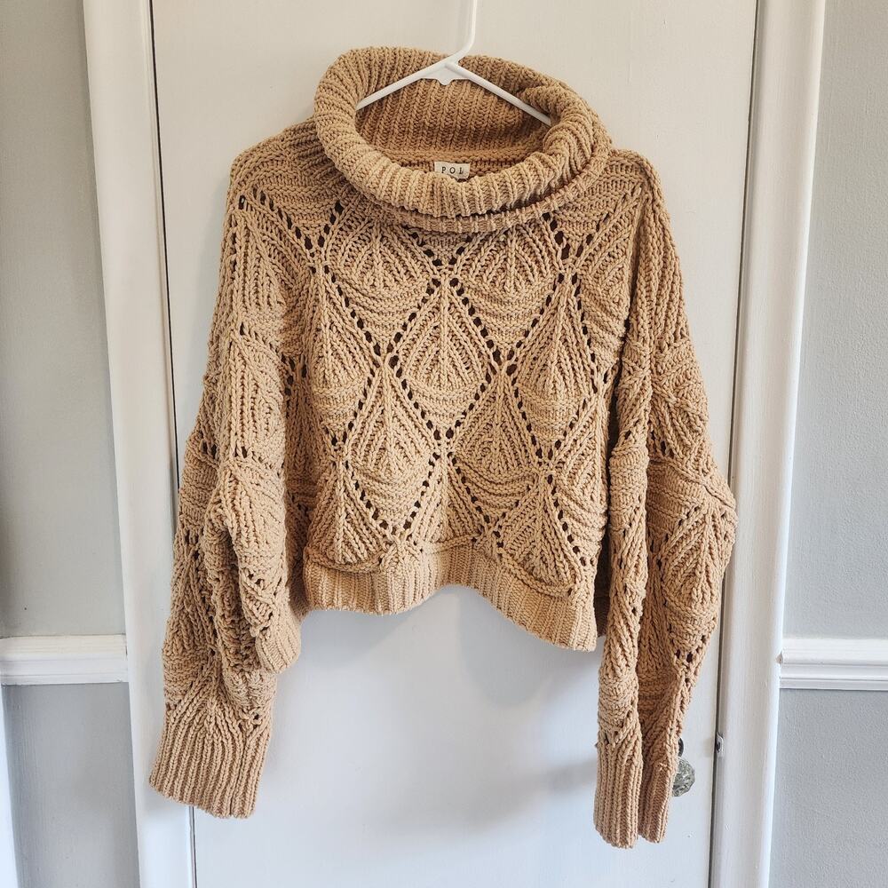 POL Women's Large Tan Chenille Chunky Knit Sweater Turtleneck Cozy Pullover